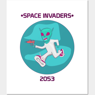 Space Invasion With An Cartoon Alien Posters and Art